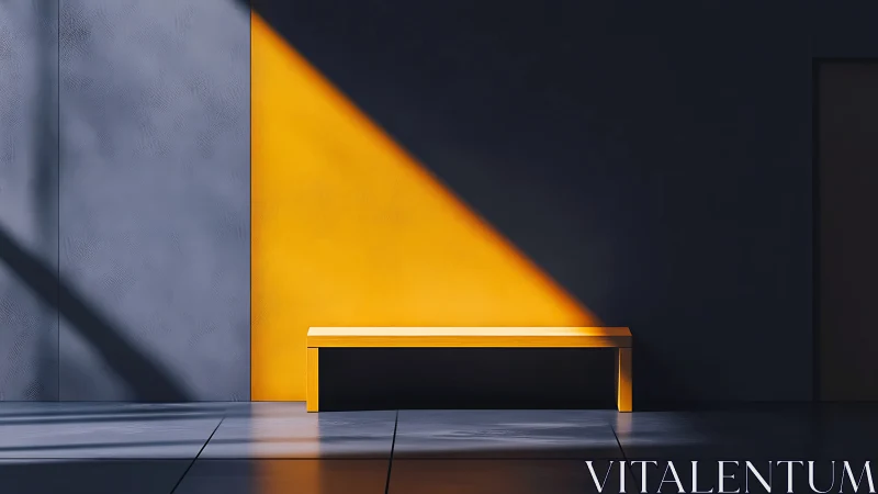 Minimalist Gold Bench with Dramatic Sunlight in Empty Space