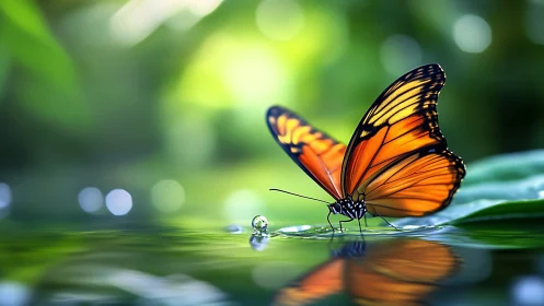 Radiant orange butterfly poised on reflective water surface.