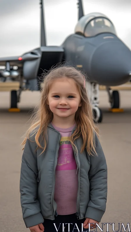 Young Girl Smiling Before Military Fighter Jet