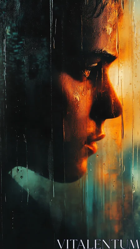 Quiet profile in rainlit window glow between night hues.