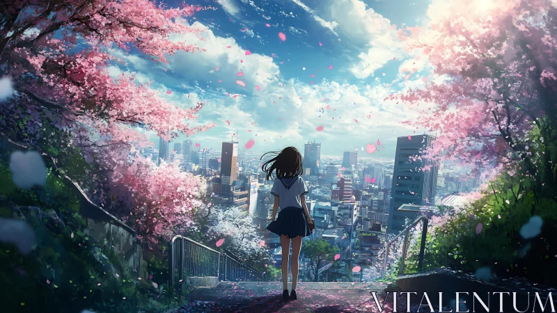 Spring city dreams beneath drifting cherry blossoms.