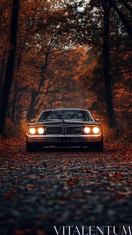 Classic muscle car glows through a moody autumn forest road.