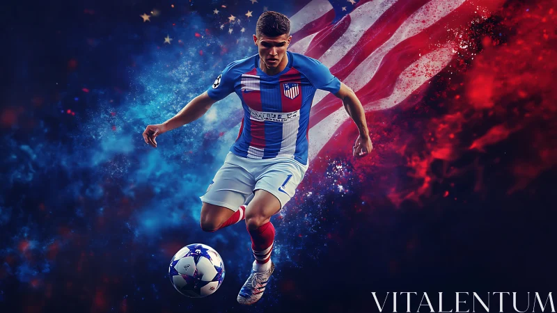 Star-spangled striker surges through cosmic red and blue glory.