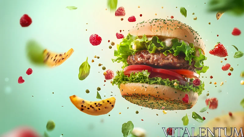 Gourmet burger floats amid vibrant fruit and herb burst.