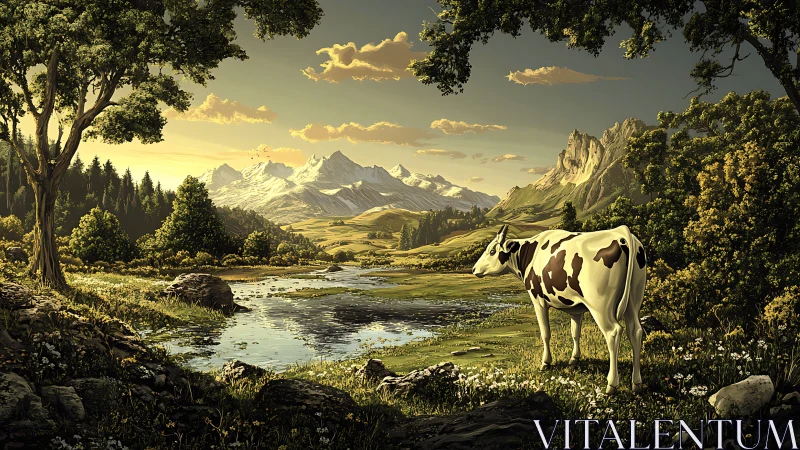 Cow standing by reflective river in wide mountain valley.