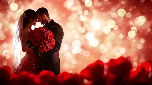 Romantic couple embraces amid glowing bokeh and roses.