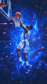 Explosive blue-lit basketball dunk with dynamic energy trails