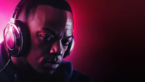 Studio portrait of focused listener under magenta rim lighting