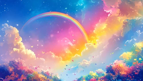 Vivid rainbow arch over glowing pastel clouds at sunset.