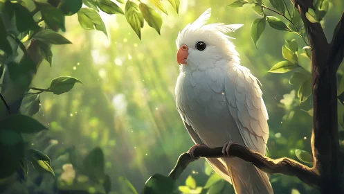 White Parrot Perched on Branch in Lush Sunlit Forest, Digital Art.