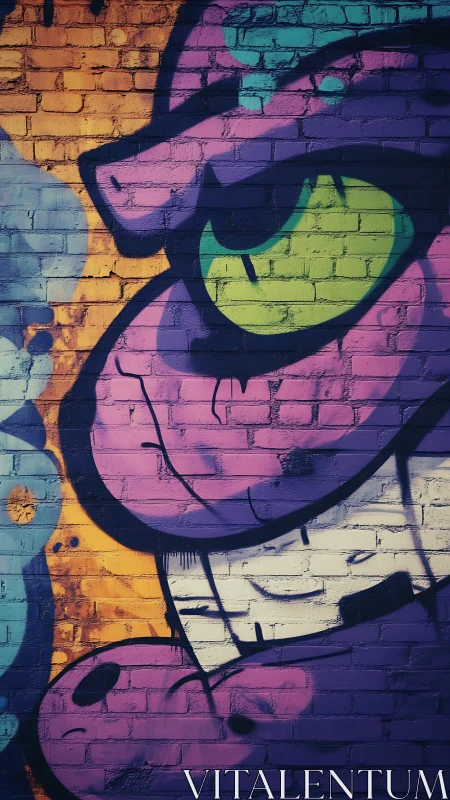 Bold cartoon graffiti face on textured brick wall.