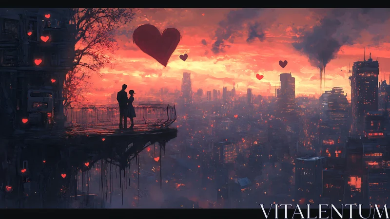 Urban landscape with two figures on elevated platform overlooking cityscape