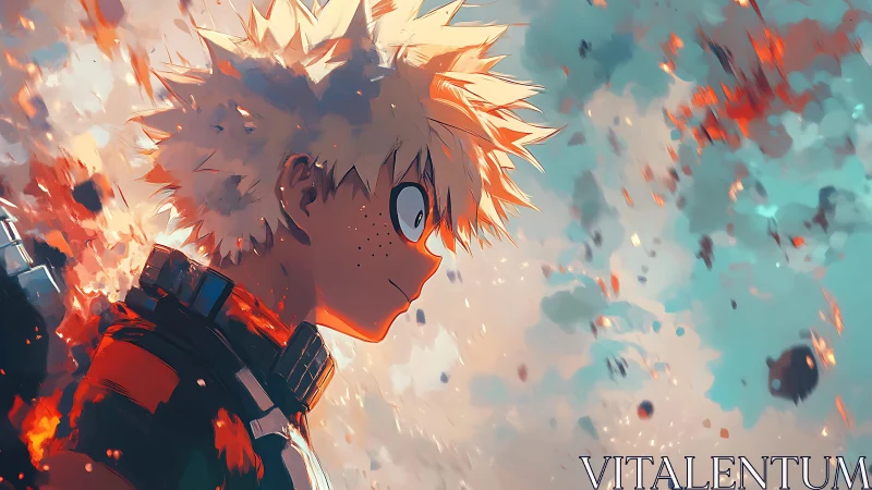 Blond anime hero stalks through ember storms of resolve.