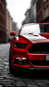 Red sports car prowls a moody cobblestone city street