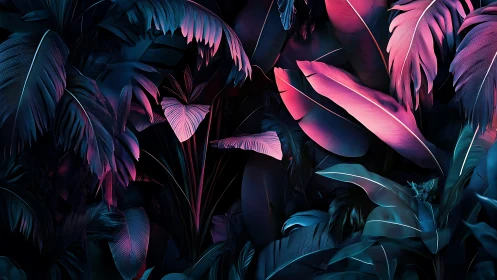Midnight jungle leaves glow softly in neon pink and blue