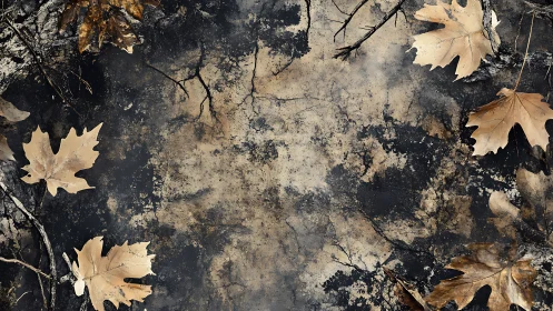 Dry fallen leaves on cracked dark earth background.