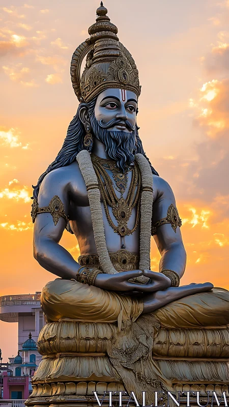 Photorealistic statue of meditative deity against sunset sky.