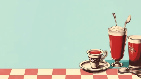 Retro soda fountain trio whispers over checkerboard calm.