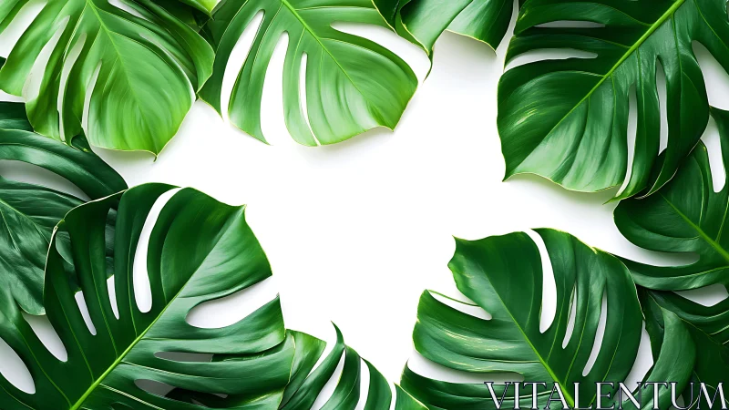 Monstera foliage encircles negative space in high-key layout
