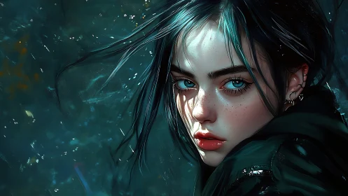 Cinematic digital portrait of teal haired girl in wet light
