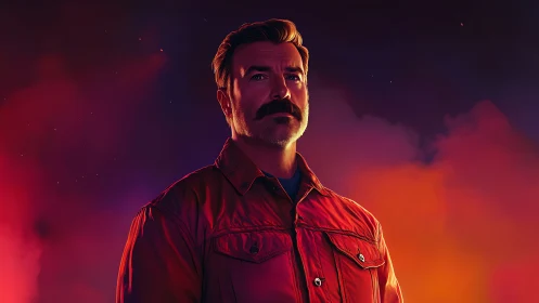 Storm-lit moustached sentinel studies the ember-bright horizon