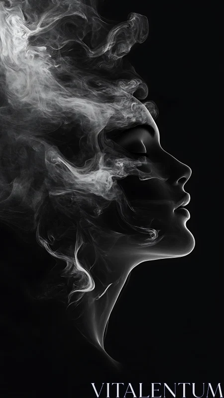Ethereal smoke-formed profile drifts through shadowed silence