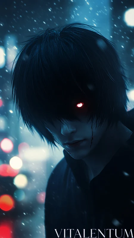 Cybernetic loner gazes through neon snowfall at midnight.