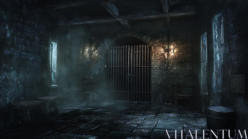 Dark medieval dungeon corridor rendered with atmospheric lighting