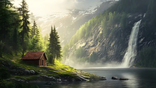 Morning light welcomes a quiet cabin by a misty waterfall