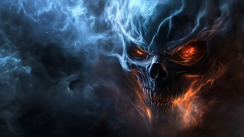 Smokefire skull grins while frost and embers wrestle for dusk