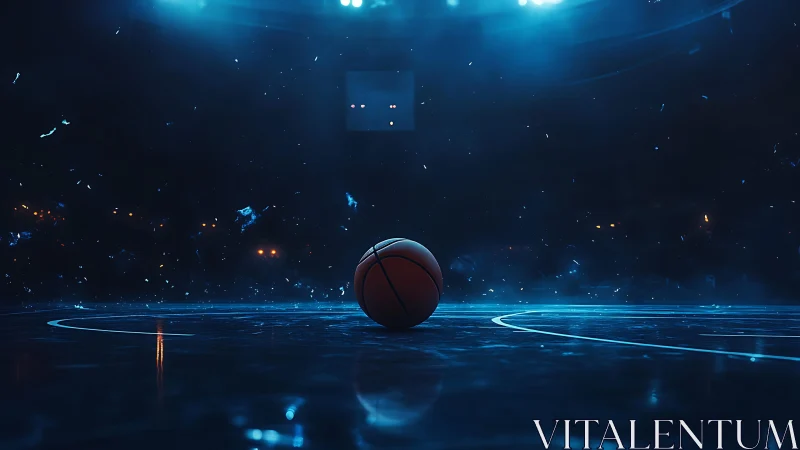 Low-angle arena shot isolates basketball under blue stadium lights
