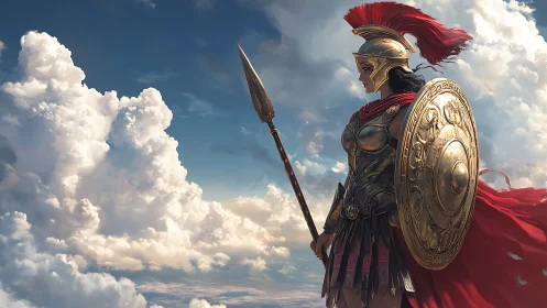 Armored spear-bearing figure against expansive cloudscape.