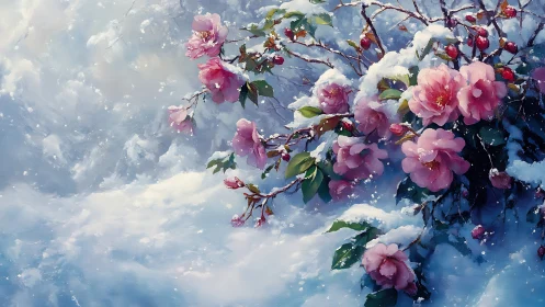 Pink Peonies in Snow with Sky Background