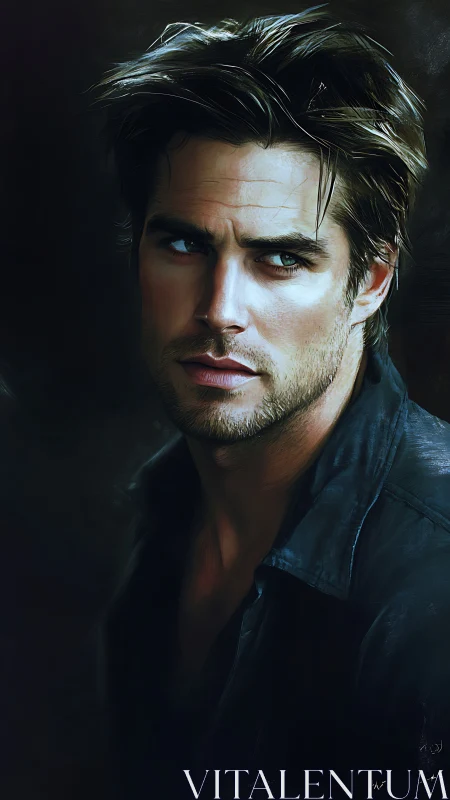 Moody digital portrait of a brooding man in dark tones.