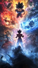 Vertical anime power clash unifying fiery and icy auras