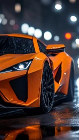 Orange supercar close-up on wet neon city street at night.