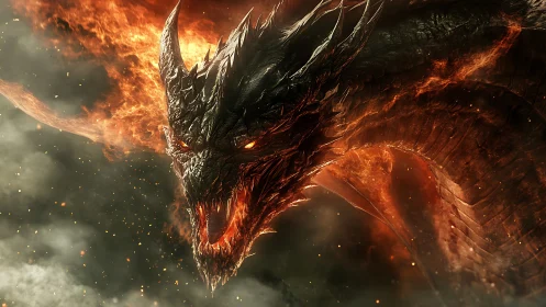 Infernal dragon roaring through volcanic embers in flight.