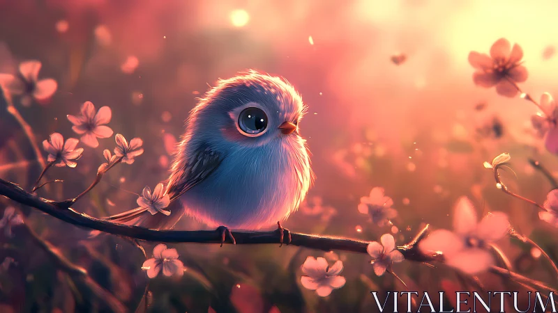 Adorable Blue Bird on Blossom Branch, Dreamy Digital Art Style.