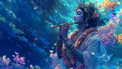 Digital painting of divine flutist amid luminous floral currents.