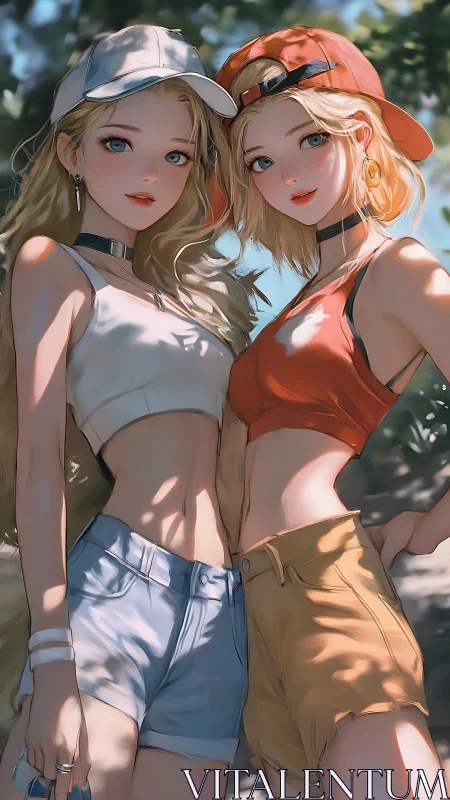 Sunlit cap twins sharing a breezy golden summer moment.