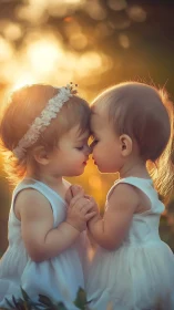 Two toddlers sharing an innocent kiss in golden sunset light.