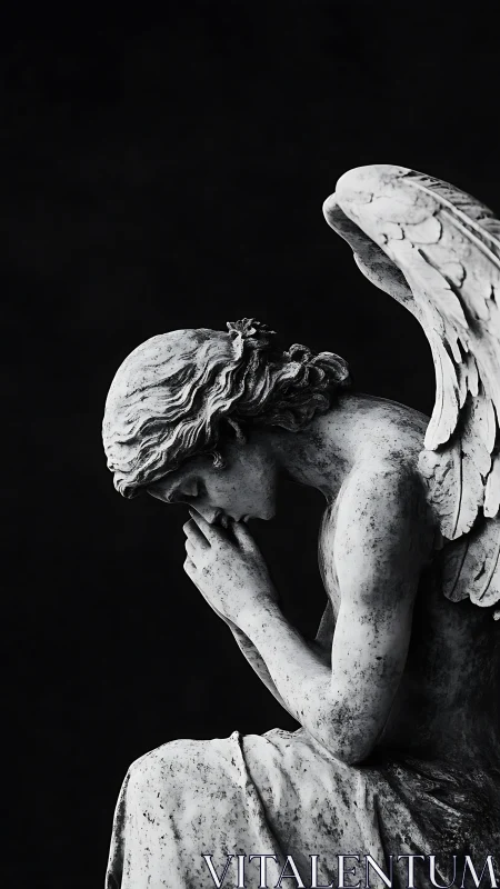 Side profile stone angel sculpture on dark background.