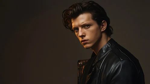 Brooding leather-clad rebel framed by cinematic shadows.