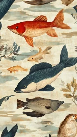 Crimson koi leads a painted river parade of curious fish