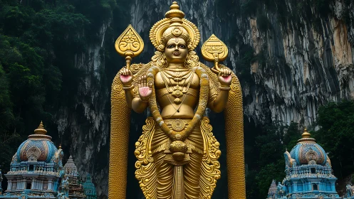 Golden Hindu deity statue dominates lush limestone cliffs.