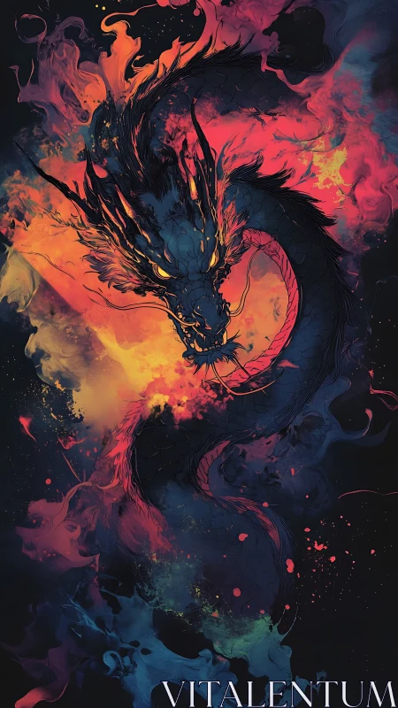 Vibrant fiery dragon coiled in swirling neon smoke.