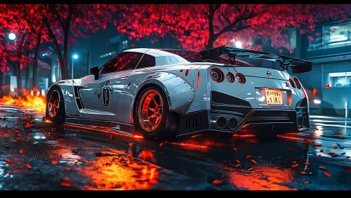 Modified sports car under neon red city trees at night.