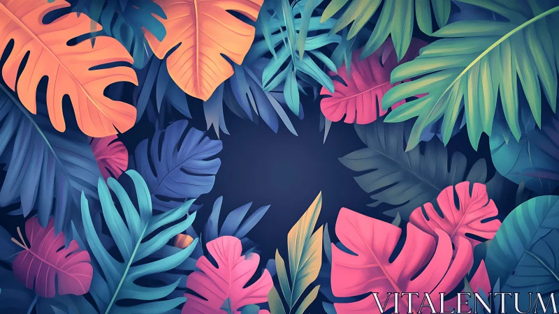 Luminous tropical foliage circling a deep midnight void.
