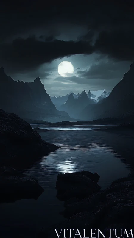 Moonlit mountains surround a tranquil, shadowed lake at night.