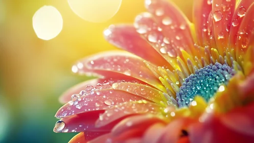 Gerbera daisy petals with water droplets and warm backlighting.